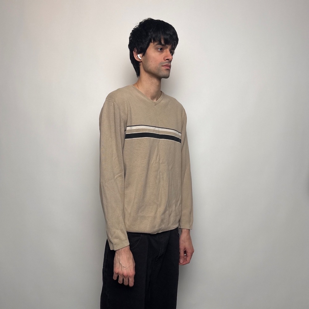 Vtg High Sierra Mens XL Tan Cotton V-Neck Striped Sweater Made in Australia - Picture 2 of 8